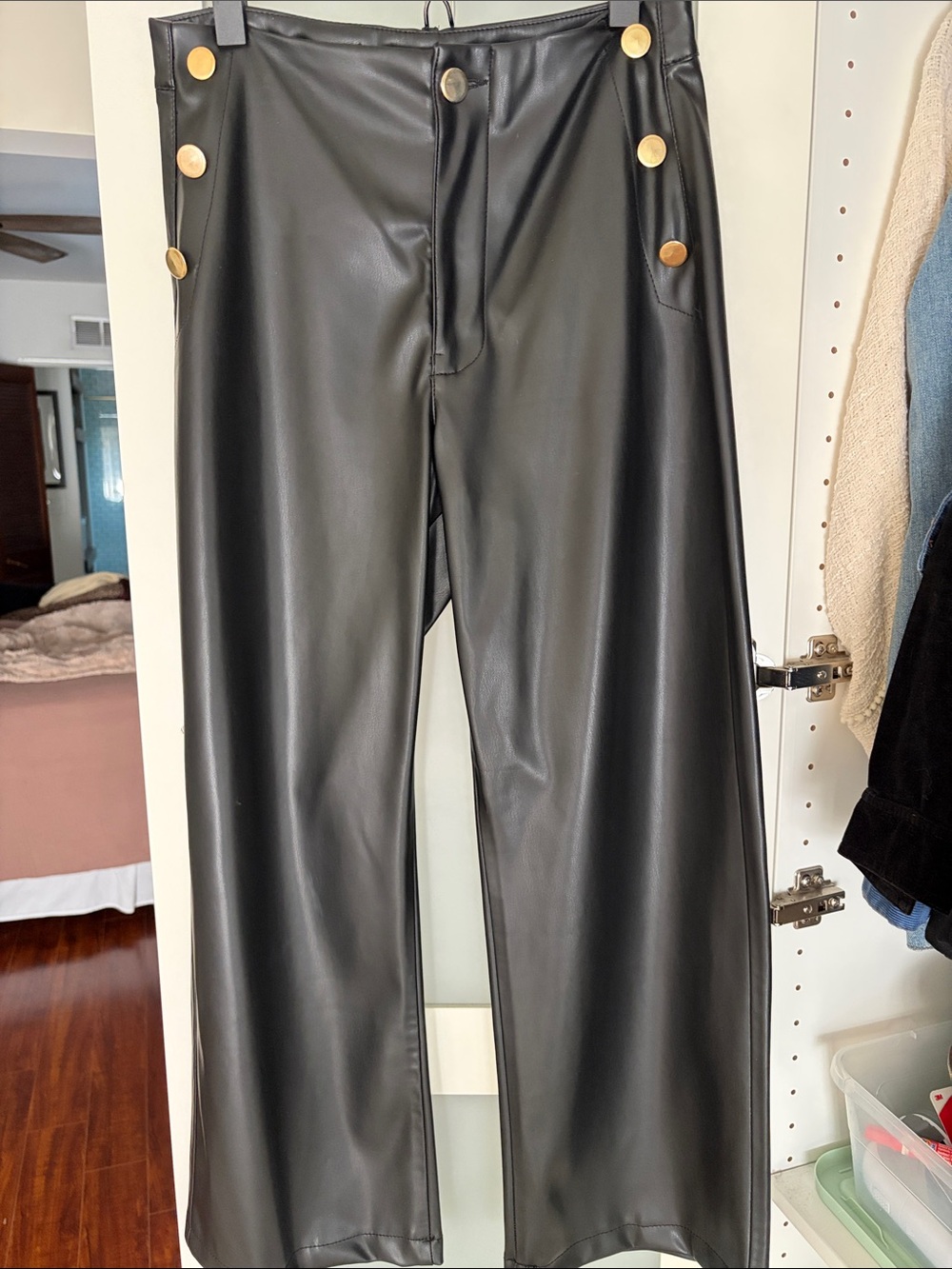 Zara Black Faux Leather women’s   Wide-Leg Pants with Gold Buttons